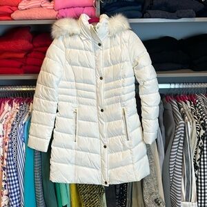 INC ivory faux fur hooded puffer coat size S